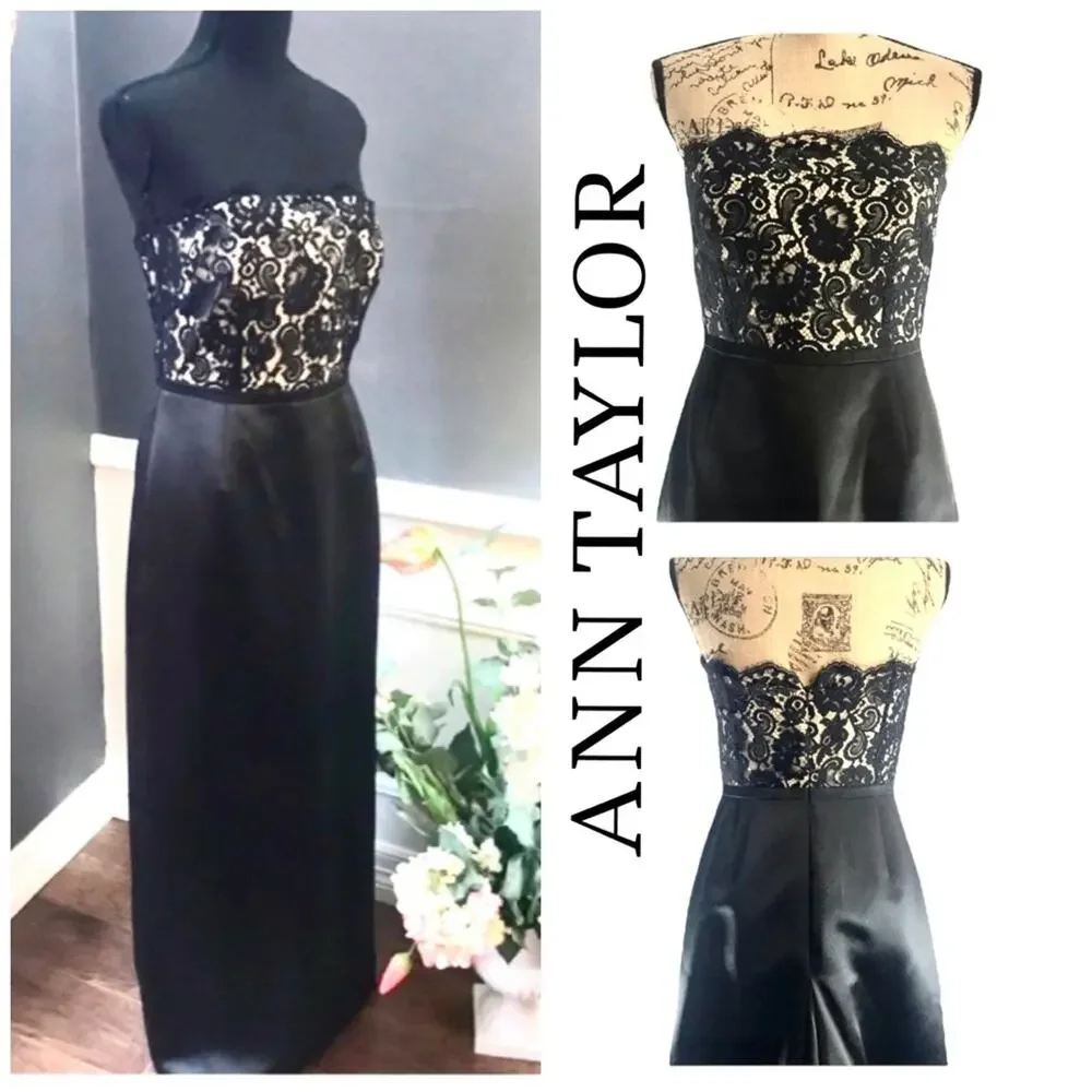 ANN TAYLOR VTG Strapless Black Satin & Lace Prom or Evening Gown 4 - Picture 11 of 12